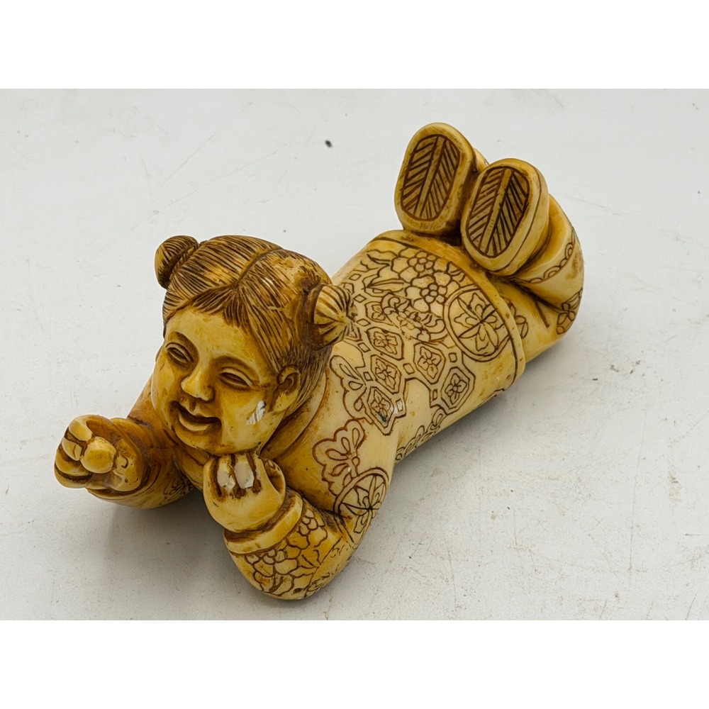 Vintage Chinese Carved Bone Reclining Boy Lucky Pillow Figurine 5 Inch